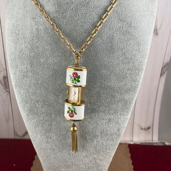 Vintage Bucherer Swiss Peak a Boo Slide Watch with Roses and 14K Gold Necklace - Picture 1 of 13
